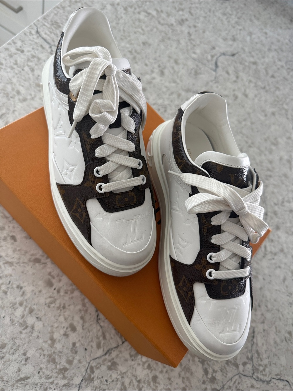 Louis Vuitton White and Brown Monogram Low-Top Sneakers